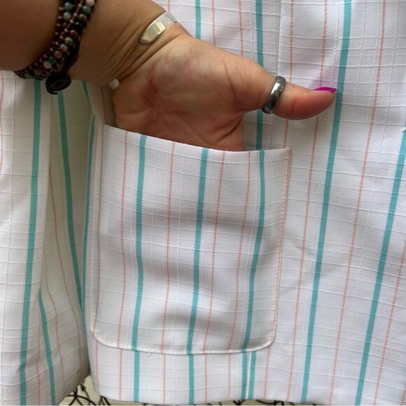 Vintage 80s GW originals white teal peach plaid stripe single button boxy blazer - Picture 3 of 6